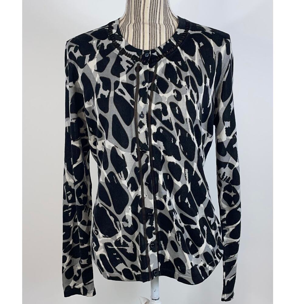 Escada Black Gray Beaded Neckline Button Front Virgin Wool Cardigan Size Large